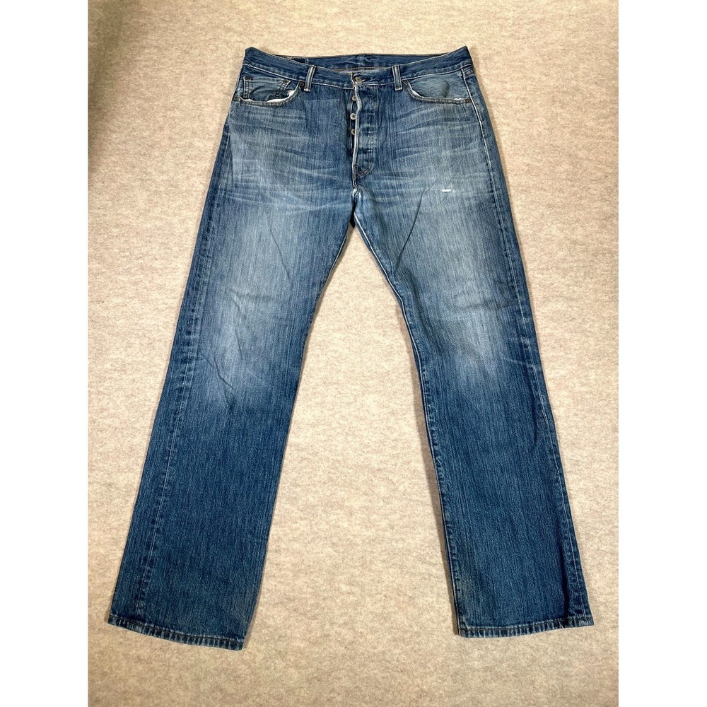 Levis 501 Straight Fit Jeans Mens 36x32 Blue Whiskered Denim Cotton Button Fly